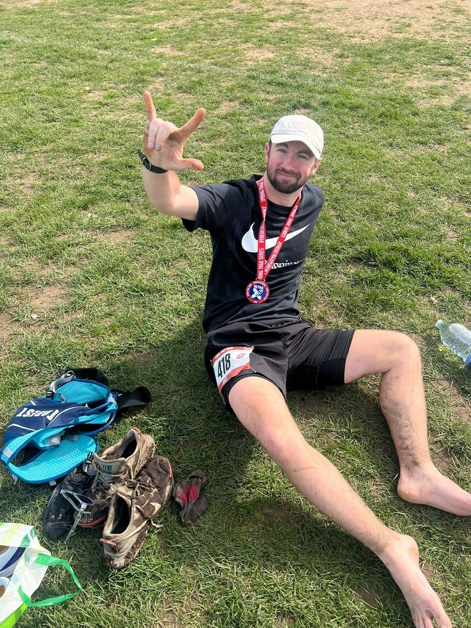 Jake taking a rest after completing his ultra marathon