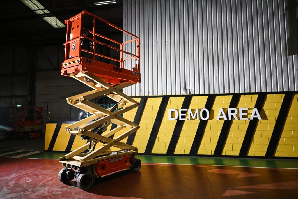 A JLG scissor lift on display at the Briggs Equipment Demo Area in Cannock.