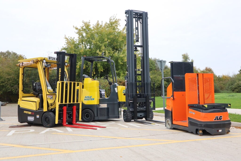 A line-up of materials handling equipment, including machines from Hyster, Combilift and JLG. Hire a forklift from Briggs Equipment today.