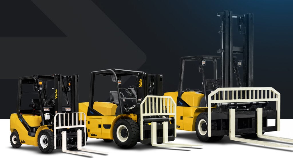 Yale MXLG electric forklifts on a stylised background